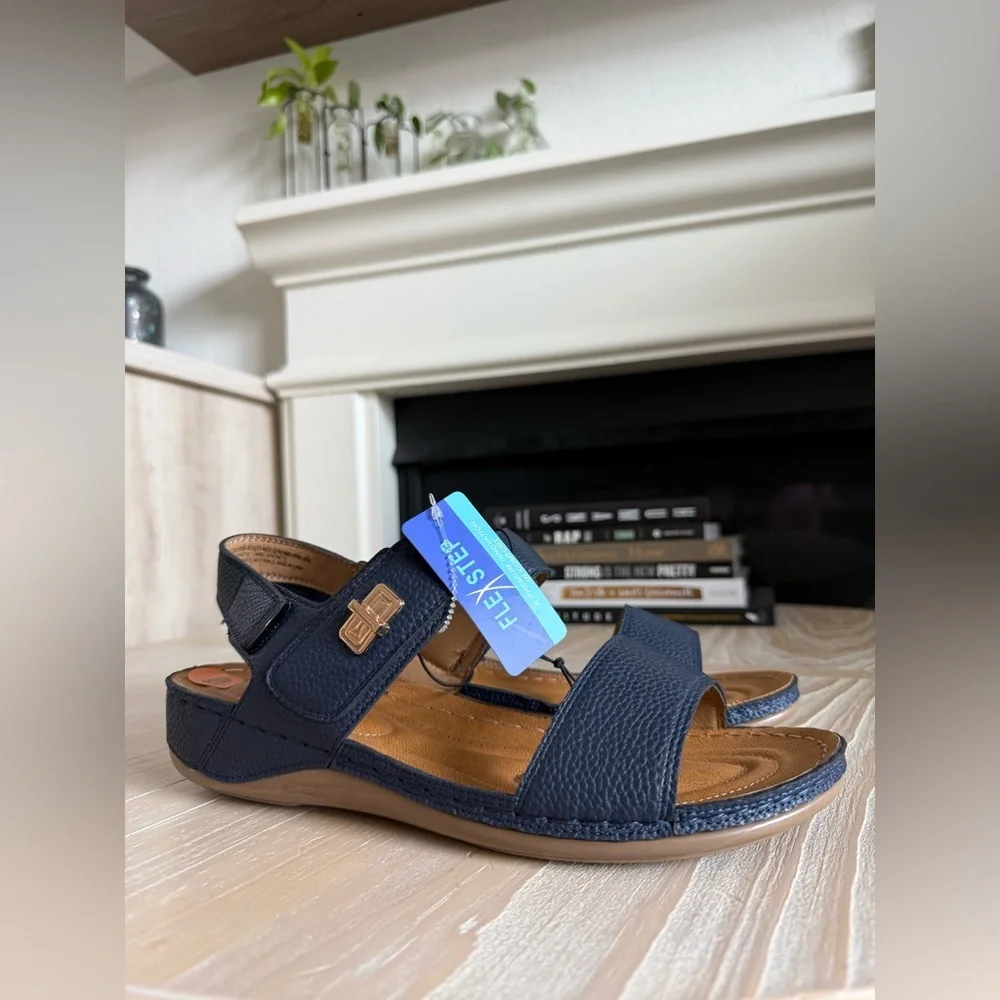 Flex Step|Navy Blue Sandals with Tan Accents,double strap faux leather•••NWT,11 - Picture 5 of 13